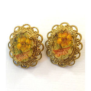 Mid-Century Sugared Clip-on Earrings - Signed W Germany - Muted Floral Design